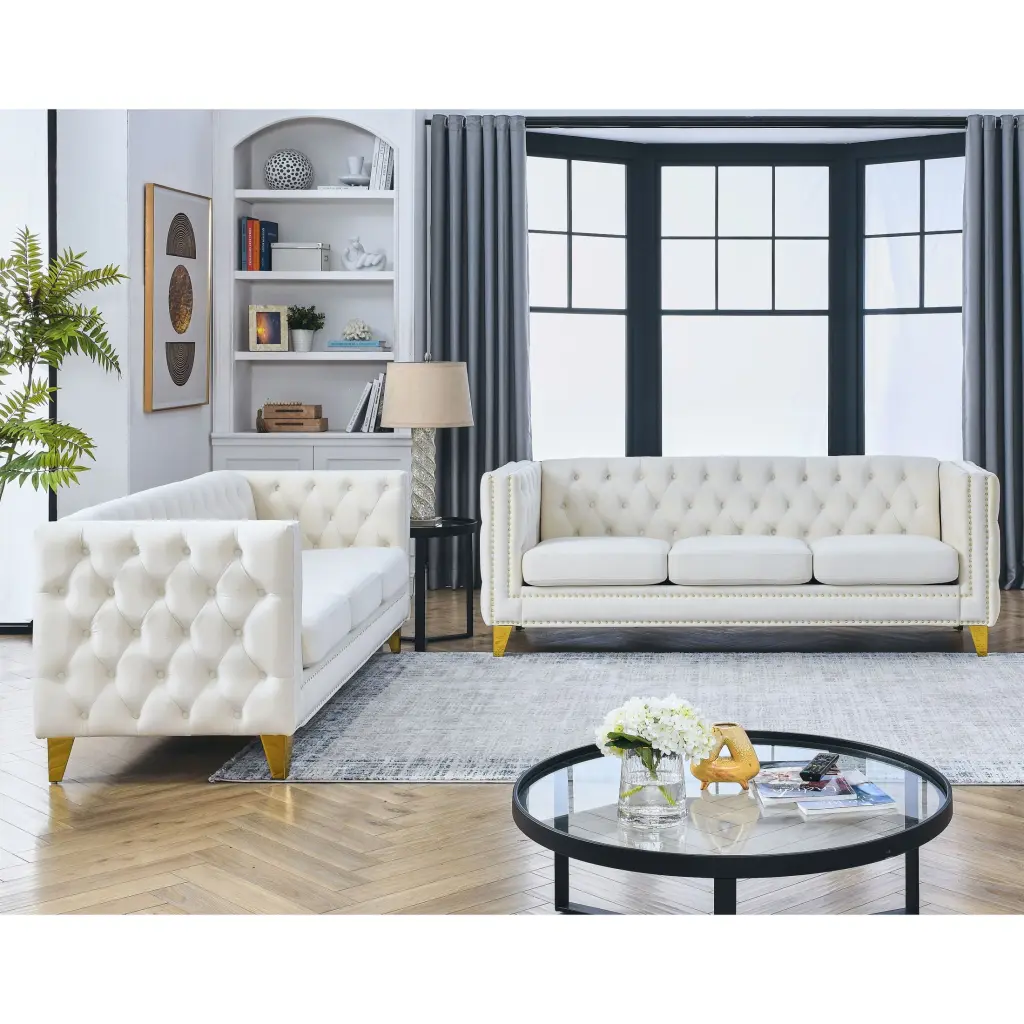 Velvet Sofa Living Room Tufted Square Arm Couch Modern Upholstered Button and Metal Legs Beige Velvet 2Pcs CNCJ