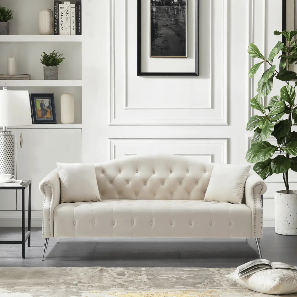 78.7 Chesterfield Velvet Sofa Nailhead Trim & Silver Legs - Includes 2 Pillows CoSoTower