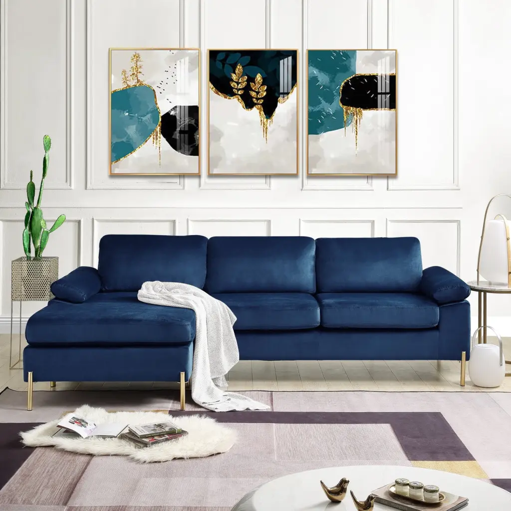 Devion Furniture Modern Velvet Sectional Sofa Gold Legs Blue