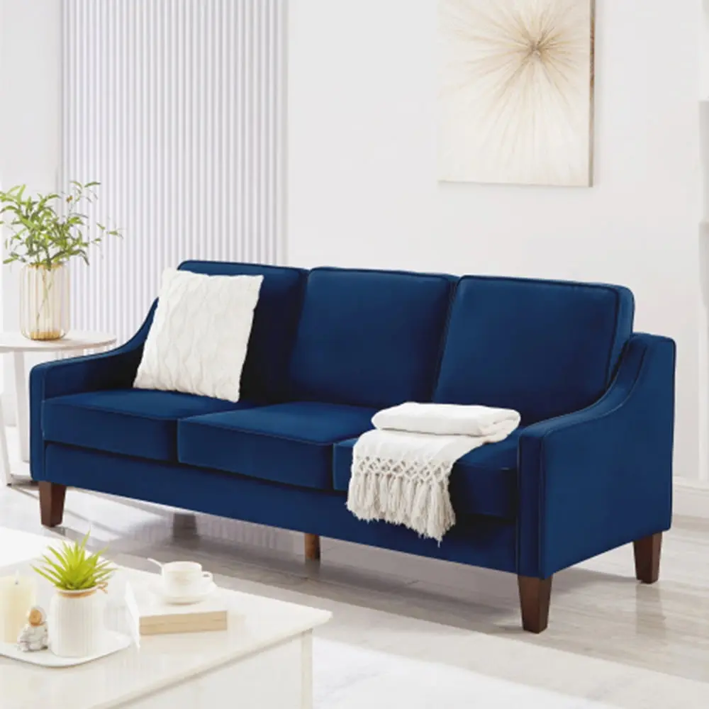 Modern 3 Piece Velvet Sofa Couch Scooped Armrest and Wood Legs - Navy Blue Living Room Furniture Erhuoxz