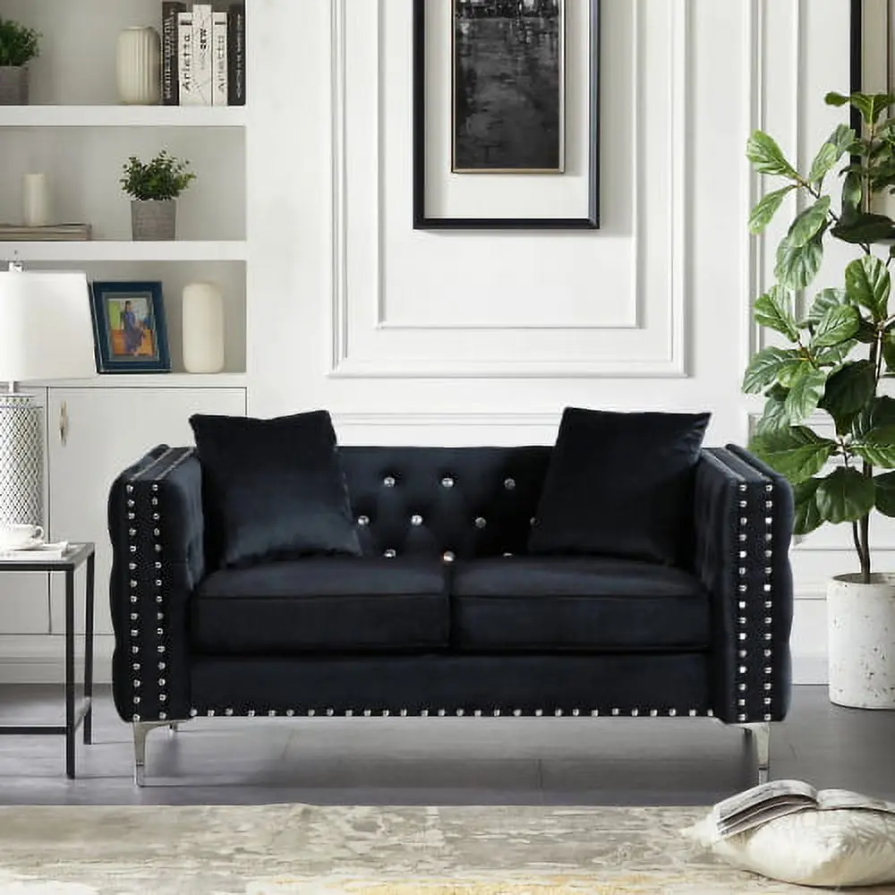 Goldmeet 59.4 Inch Wide Black Velvet Sofa Jeweled Buttons Square Arm and 2 Pillows