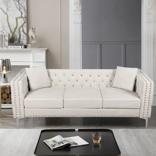 Goldmeet 82.3 Width Modern Velvet Sofa Jeweled Buttons Tufted Square Arm Couch Beige