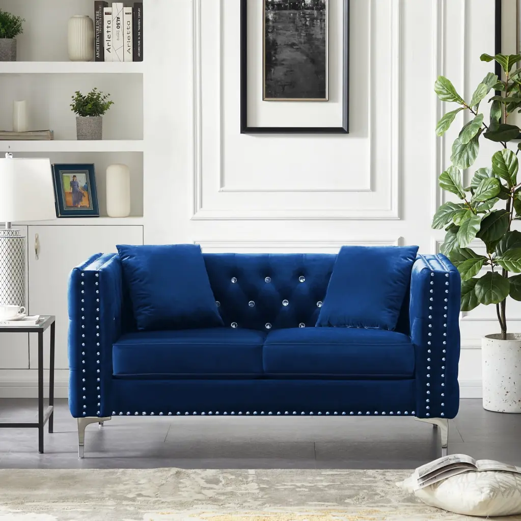 Contemporary 59.4 Blue Velvet Sofa Jeweled Buttons & Chrome Legs - Includes 2 Throw Pillows HATNOKIL