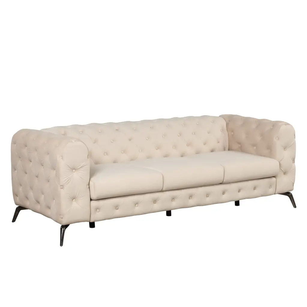 Elegant Beige Velvet Sofa 85.5-inch Modern 3 Seater Couch Sturdy Metal Legs Home Office HATNOKIL