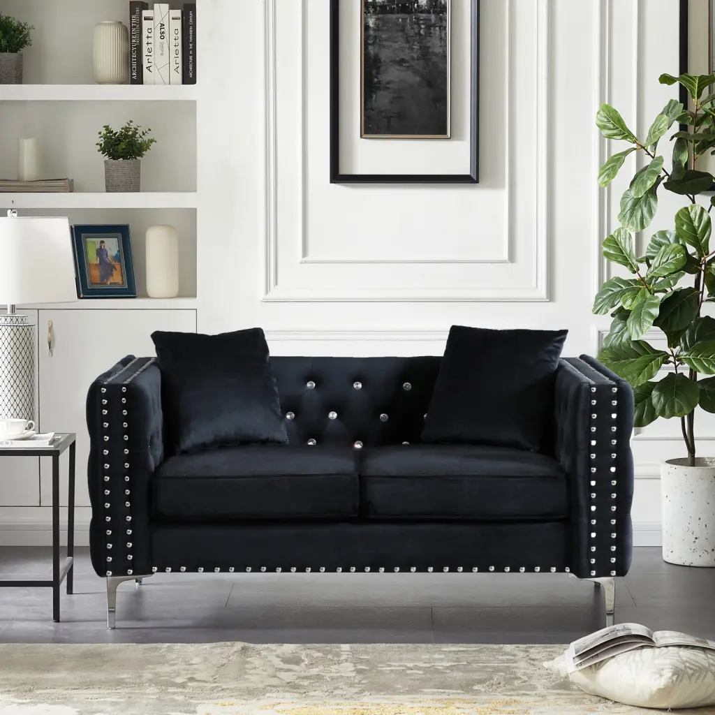 Luxurious 59.4-inch Wide Black Velvet Sofa Tufted Design Jeweled Buttons Square Arms and 2 Plush Pillows HATNOKIL