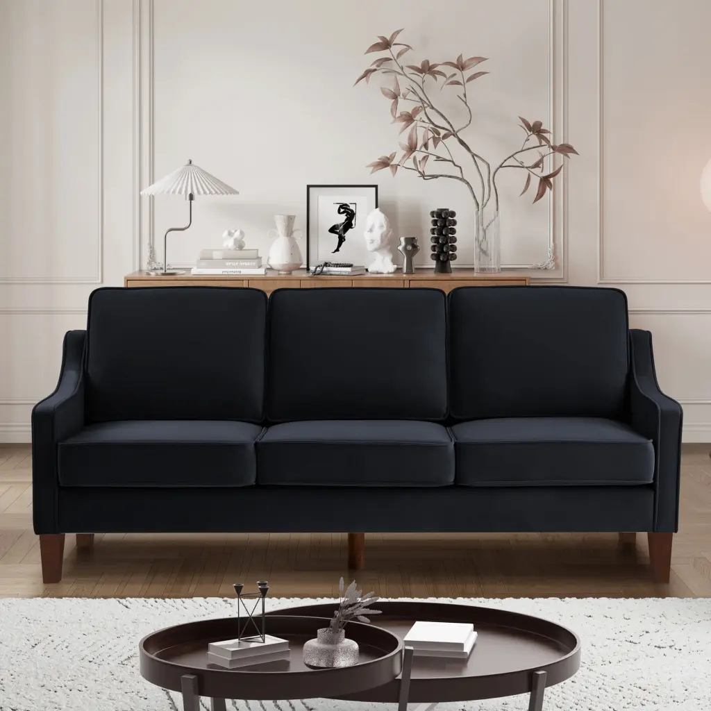 Homiyad Modern 3-Piece Black Velvet Sofa Wood Legs & Removable Cushions