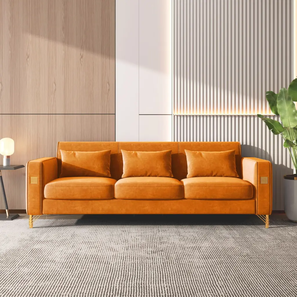 Velvet Sofa Pillows and Gold Finish Metal Legs Living Room Jamini