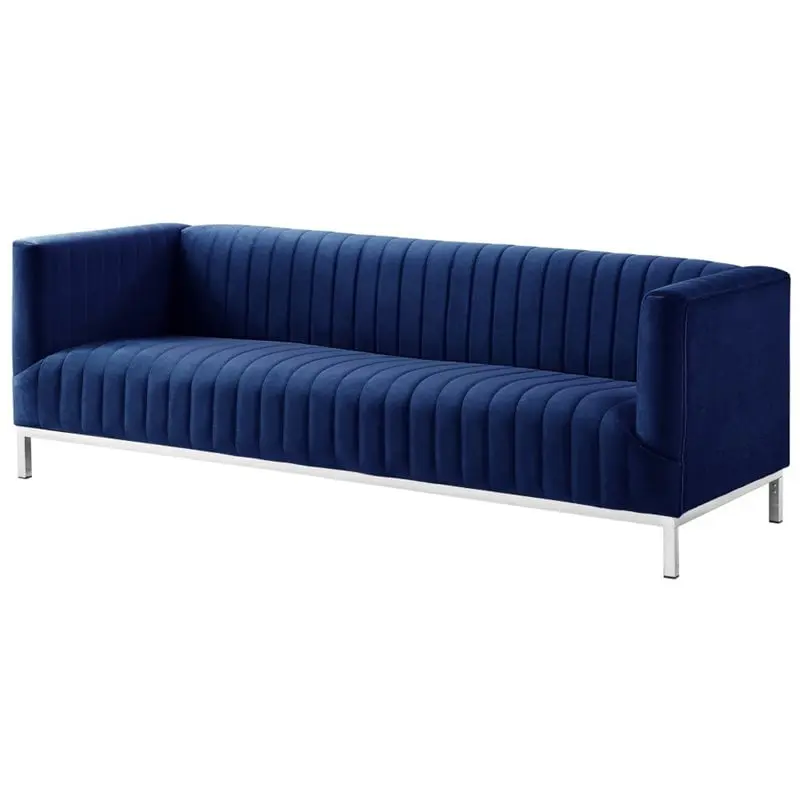 Maklaine Velvet Tuxedo Sofa Y-Metal Base Navy Blue Chrome
