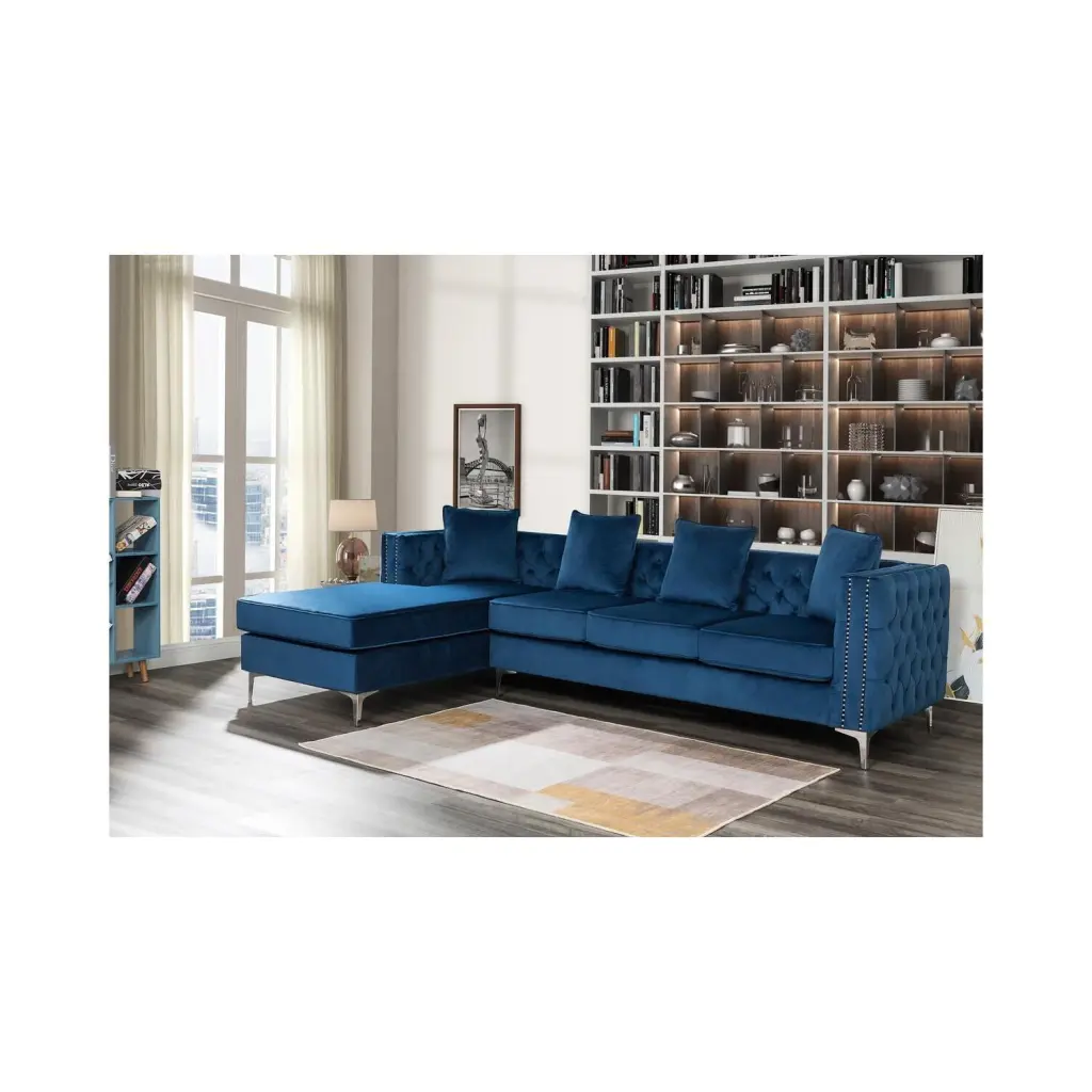 Maykoosh Retro Revival Deep Blue Velvet Sectional Sofa Chaise Nail-Head Trim