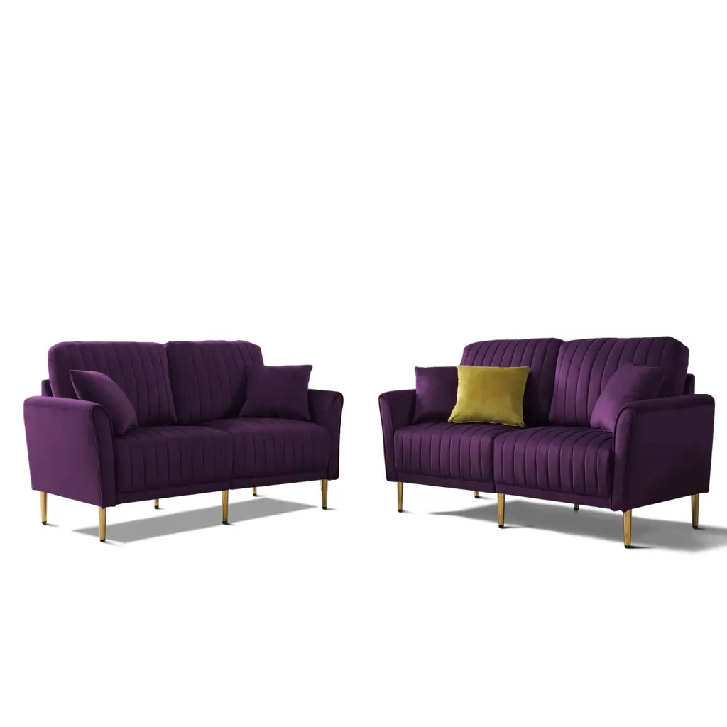Miekor Furniture 2-Piece Purple Velvet Sofa Set Channel Tufting and Reversible Pillows