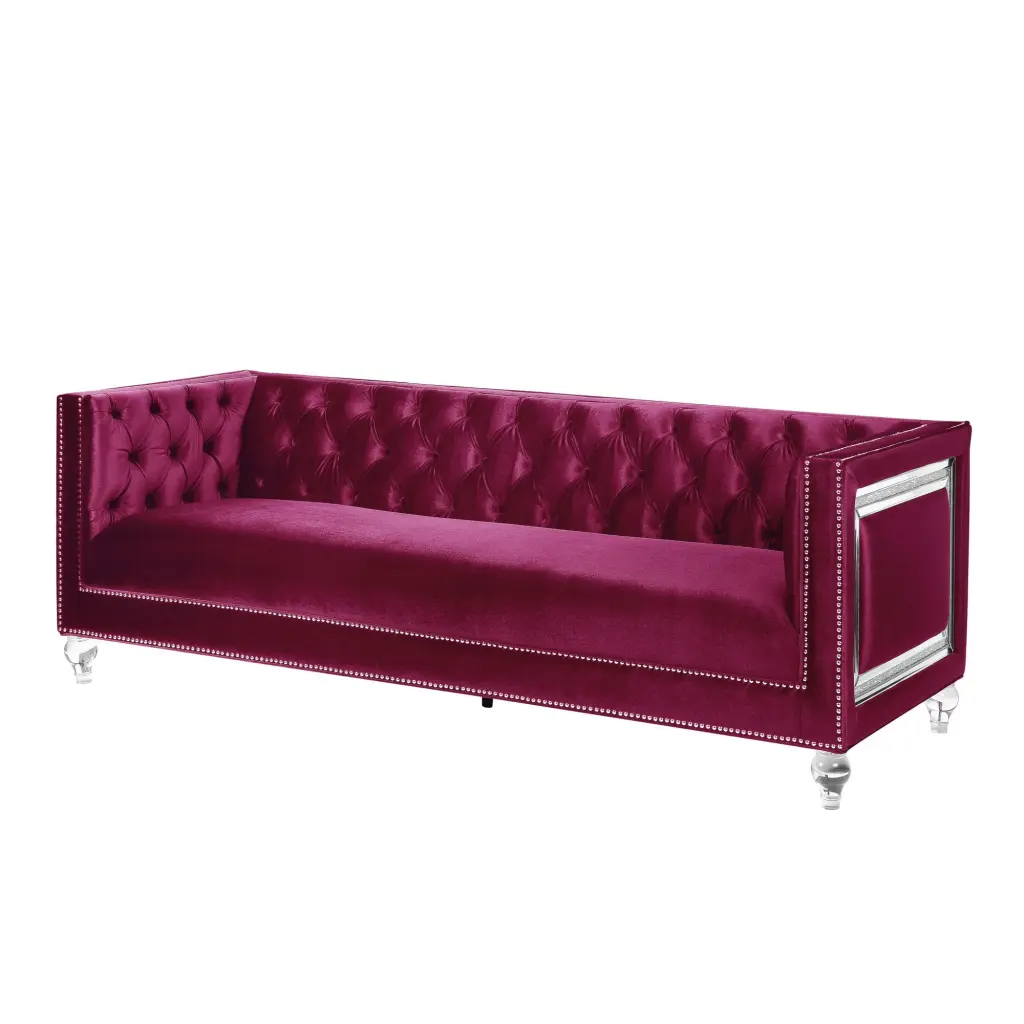 Miekor Furniture Heibero Burgundy Velvet Sofa 2 Pillows