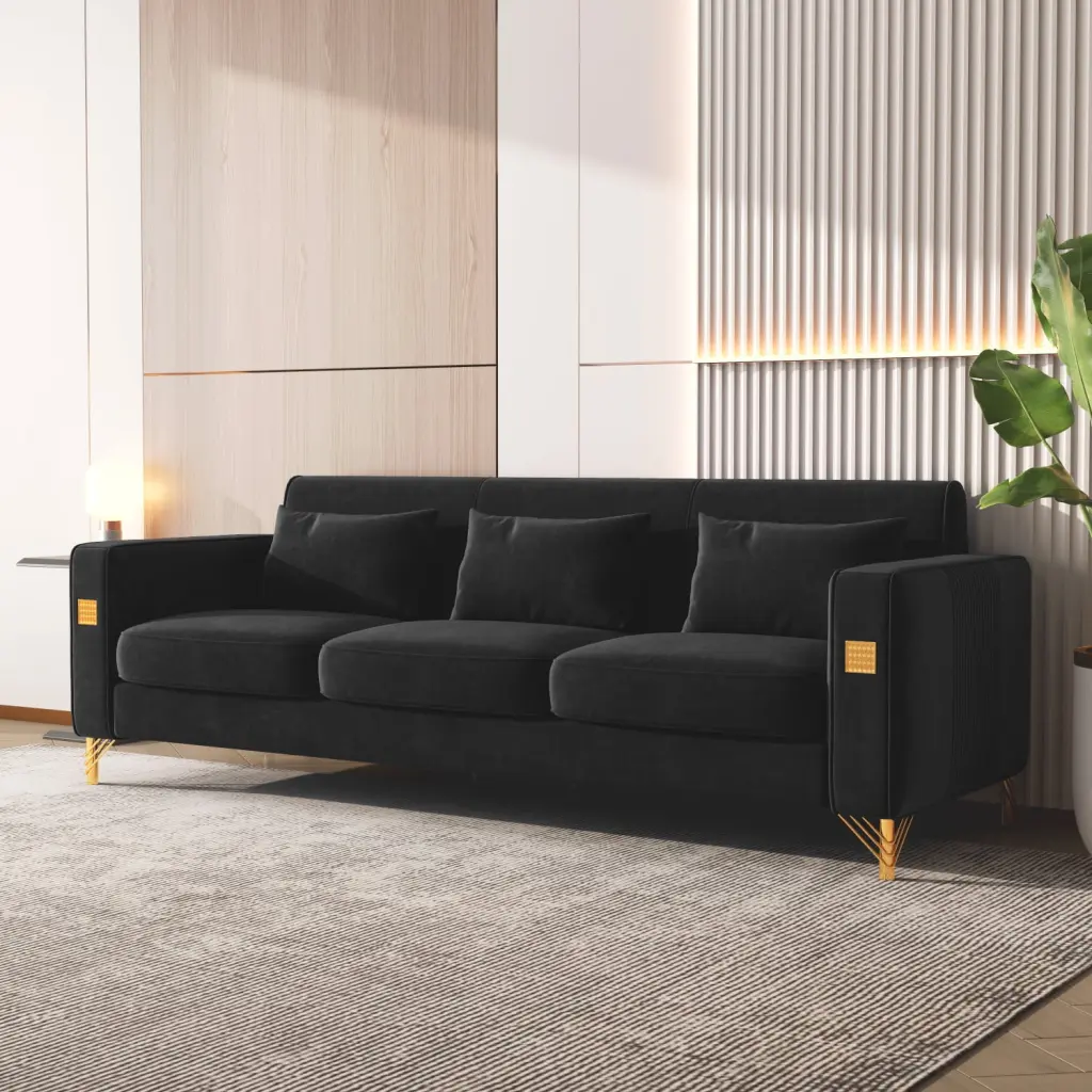 Miekor Furniture Velvet Sofa Pillows and Gold Finish Metal Leg Living Room BS4833