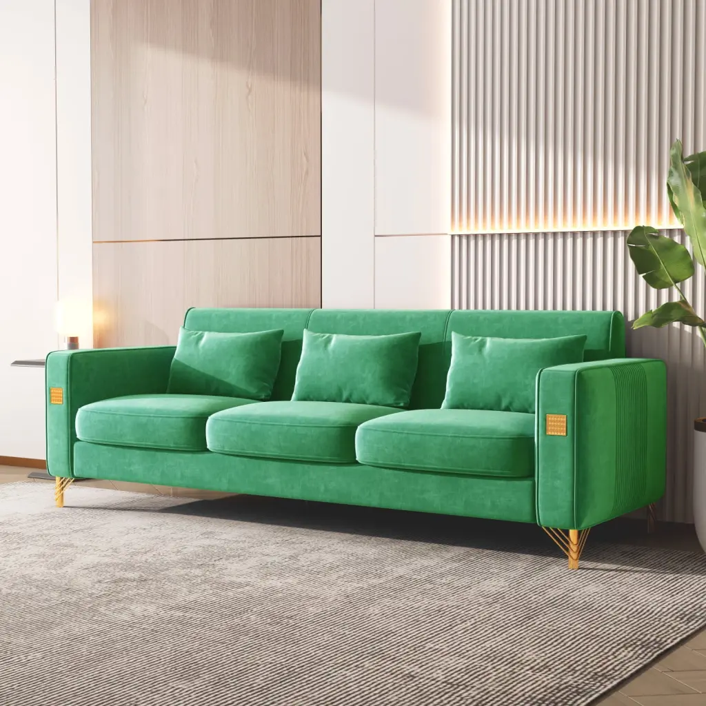 Miekor Furniture Velvet Sofa Pillows and Gold Finish Metal Leg Living Room BS4864