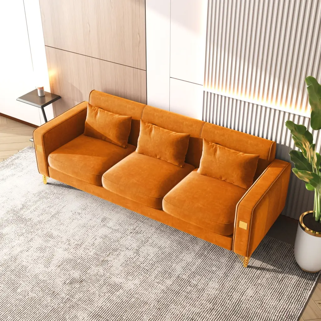 Miekor Furniture Velvet Sofa Pillows and Gold Finish Metal Leg Living Room BS4840