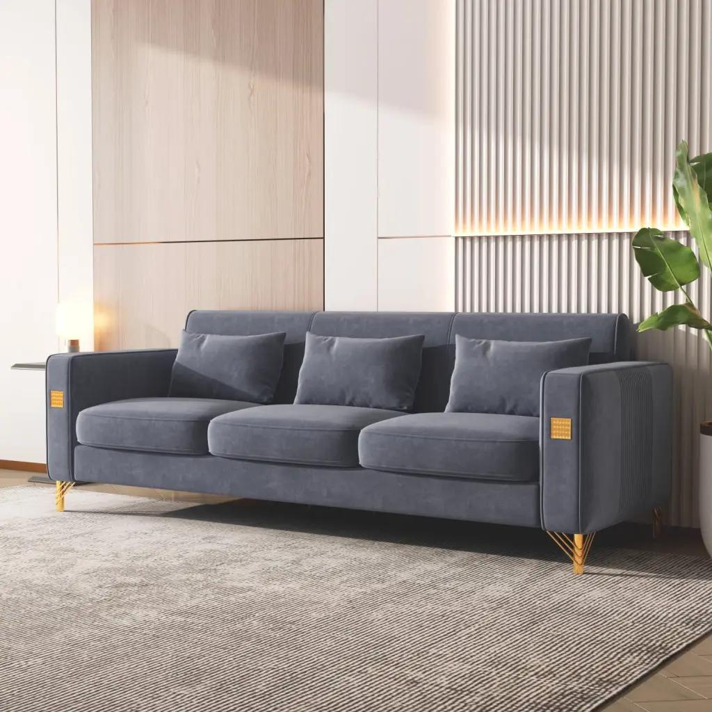 Miekor Furniture Velvet Sofa Pillows and Gold Finish Metal Leg Living Room BS4857