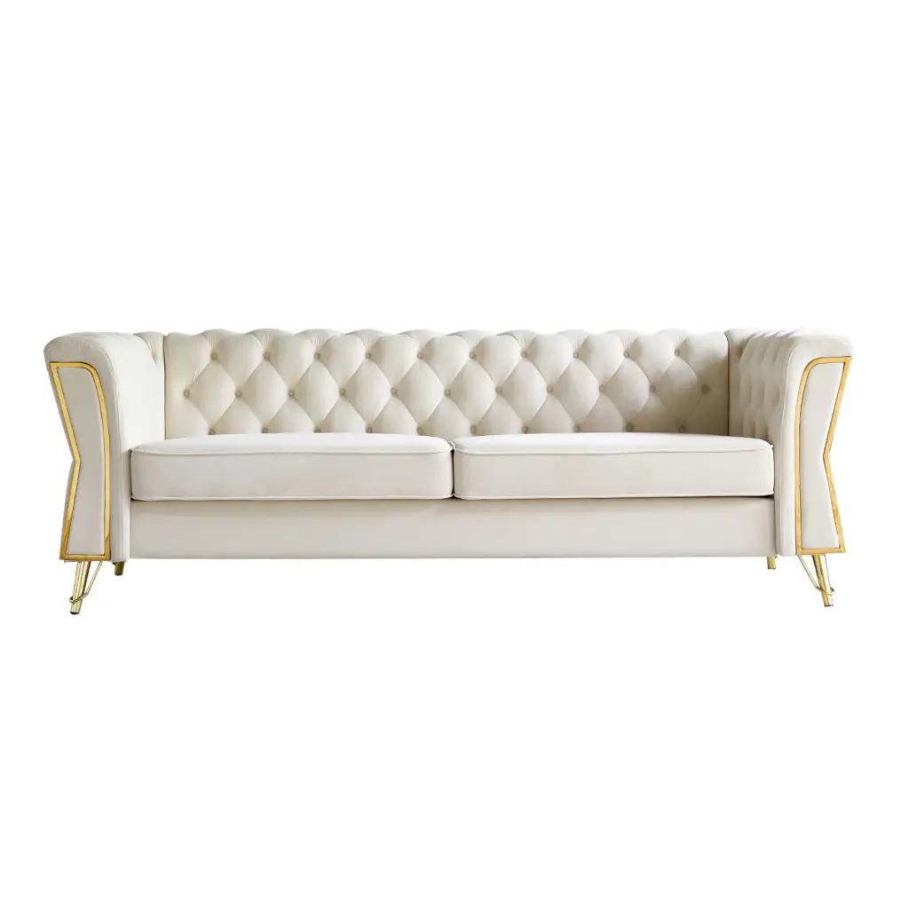 Modern Tufted Velvet Sofa 87.4 inch Beige Color Living Room Miekor