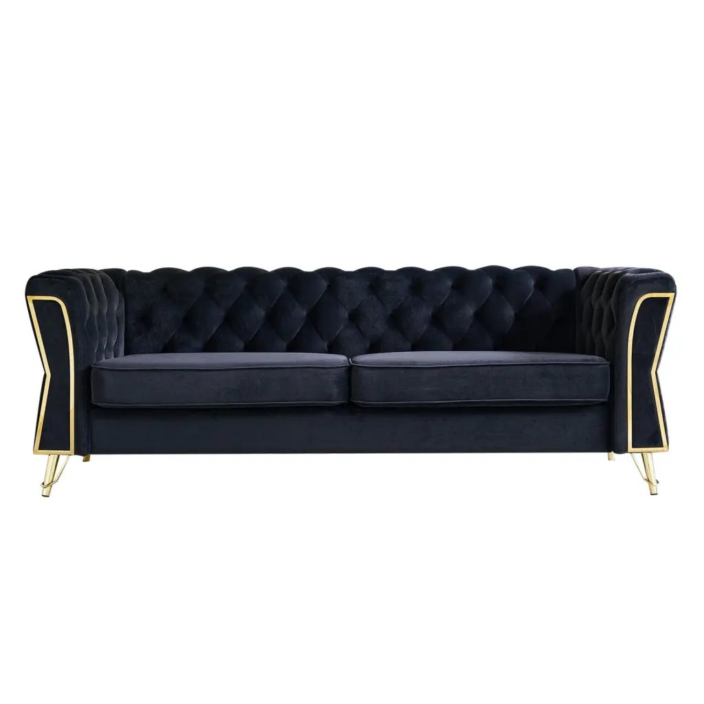 Modern Tufted Velvet Sofa 87.4 inch Black Color Living Room Miekor
