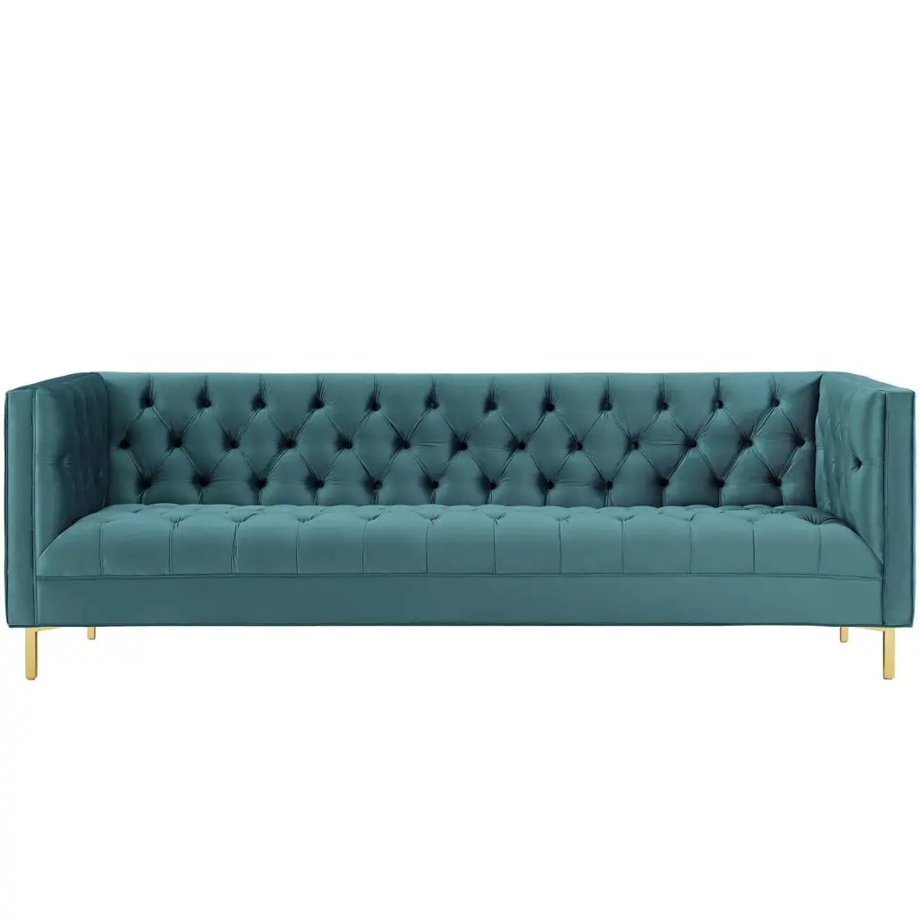 Contemporary Urban Blue Velvet Sofa Metal Steel Frame Lounge or Lobby Mod