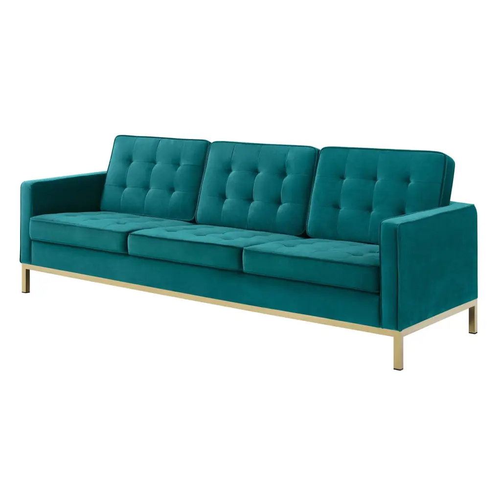 Contemporary Urban Gold Aqua Blue Velvet Sofa Metal Steel Frame Mod