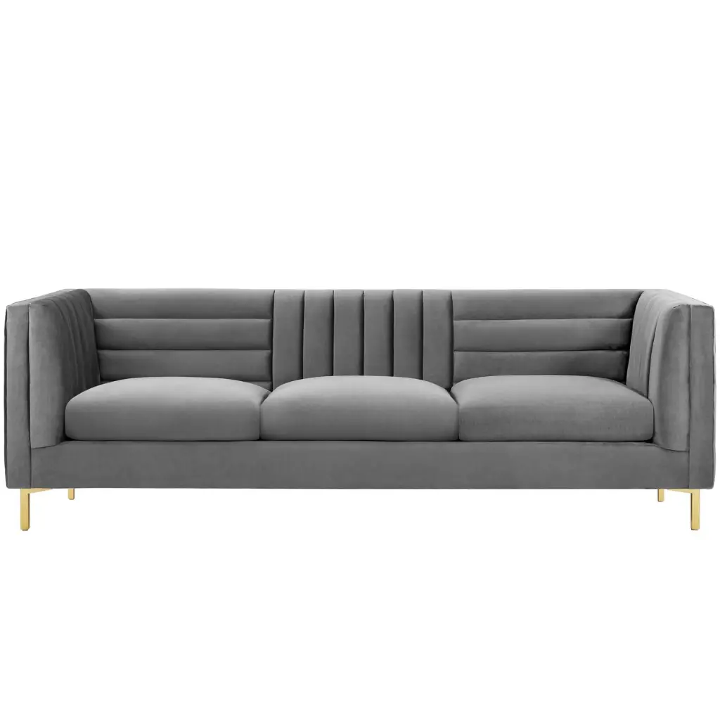 Contemporary Urban Grey Velvet Sofa Metal Steel Frame Lounge or Lobby Mod