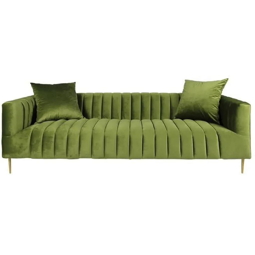 Ruth Green Velvet Sofa Gold Tone Metal Legs and 2 Toss Pillows MOTI Furniture