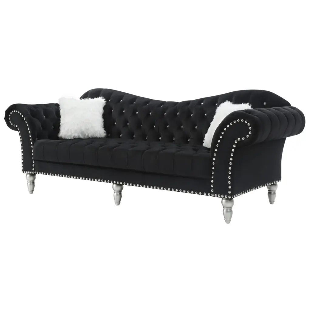 Passion Furniture Wilshire 98 Inch Black Velvet 2-Seater Sofa Throw Pillows