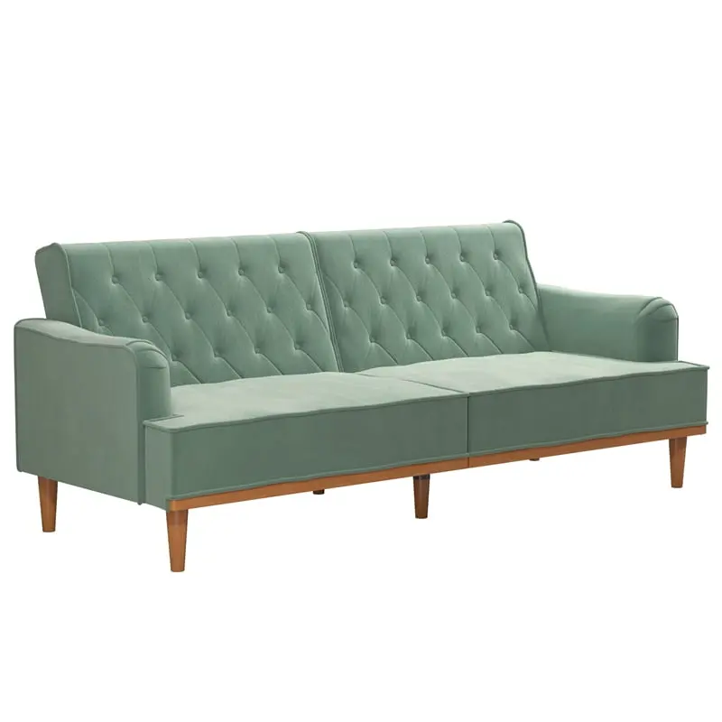 Pemberly Row Vintage Teal Velvet Convertible Sofa Bed Futon - Retro Living Room Furniture