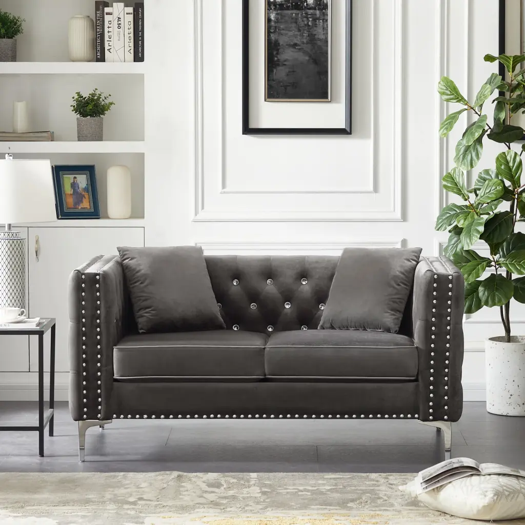 59.4 Inch Wide Grey Velvet Sofa Jeweled Buttons and Plush Pillows Perfect Cozy Spaces Ponnky