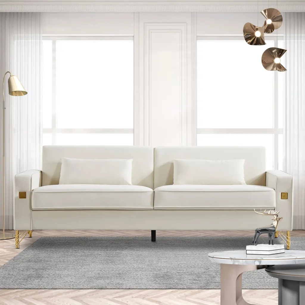 85.44 Modern Velvet Couch Gold Legs Upholstered Sofa Living Room White Ponnky