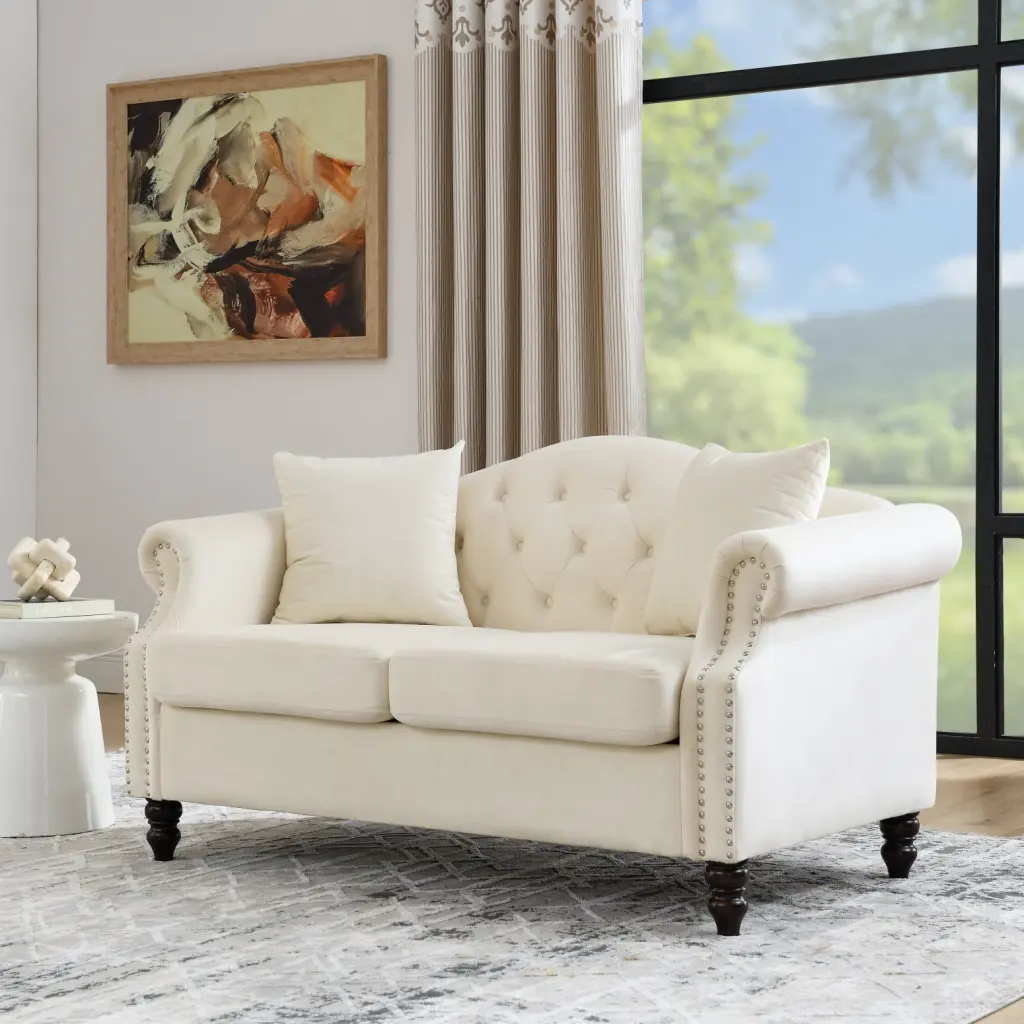 Chesterfield Grey Velvet 2-Seater Sofa Rolled Arms and Nailhead Trim - Includes 2 Pillows Ponnky