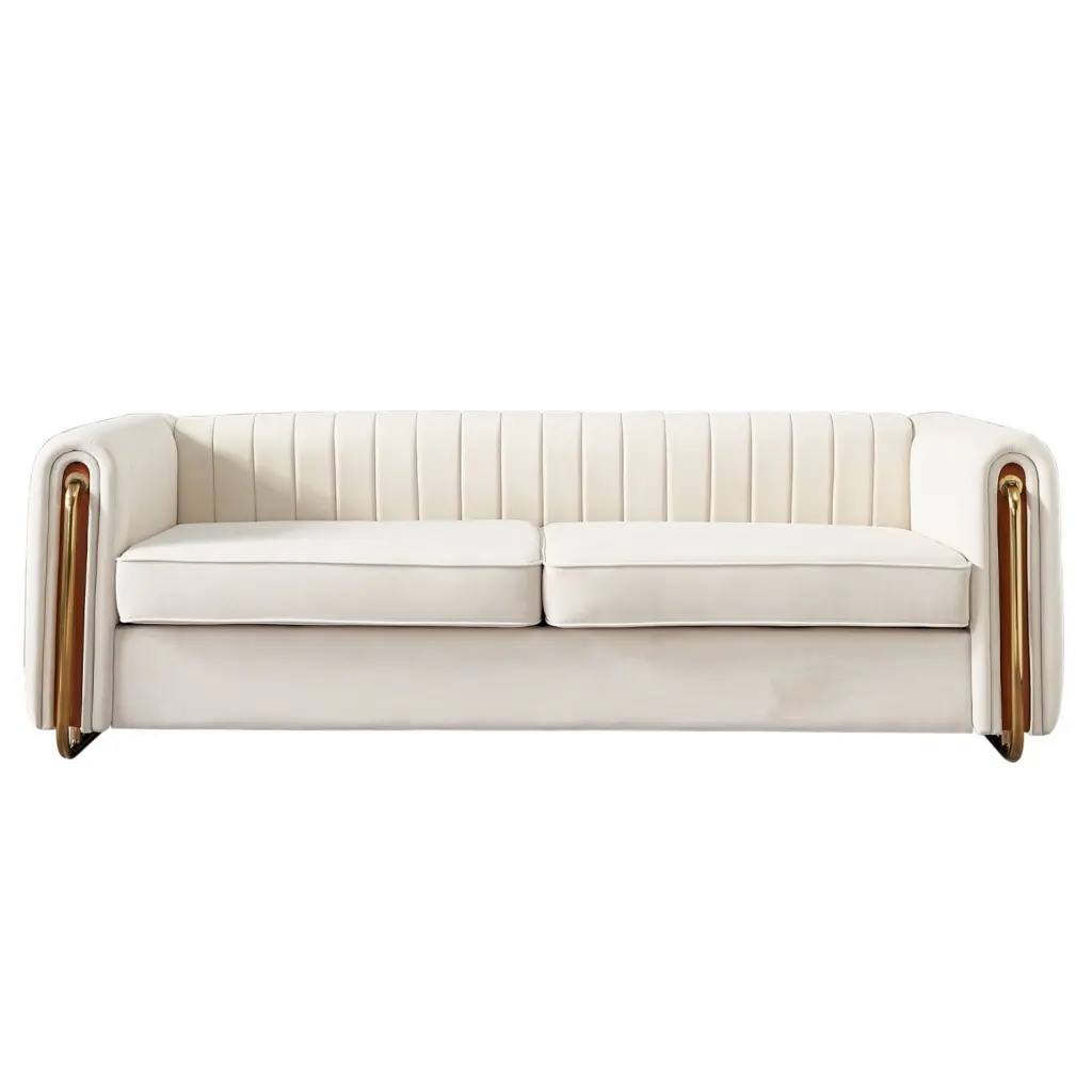 Contemporary Beige Velvet Sofa Couch 84.25 Inch Wide Channel-Tufted Seats and Gold Stainless Steel Legs Ponnky