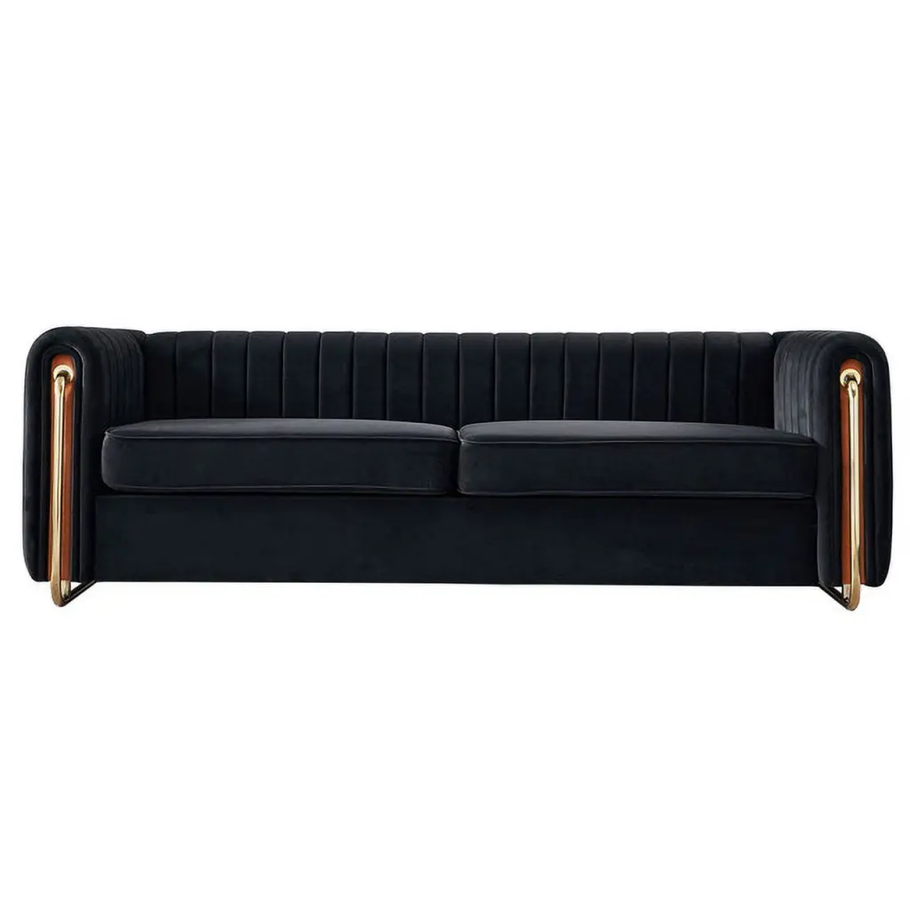 Contemporary Black Velvet 84.25 Inch Wide Sofa Couch Rolled Arms and Tufted Back Design Ponnky