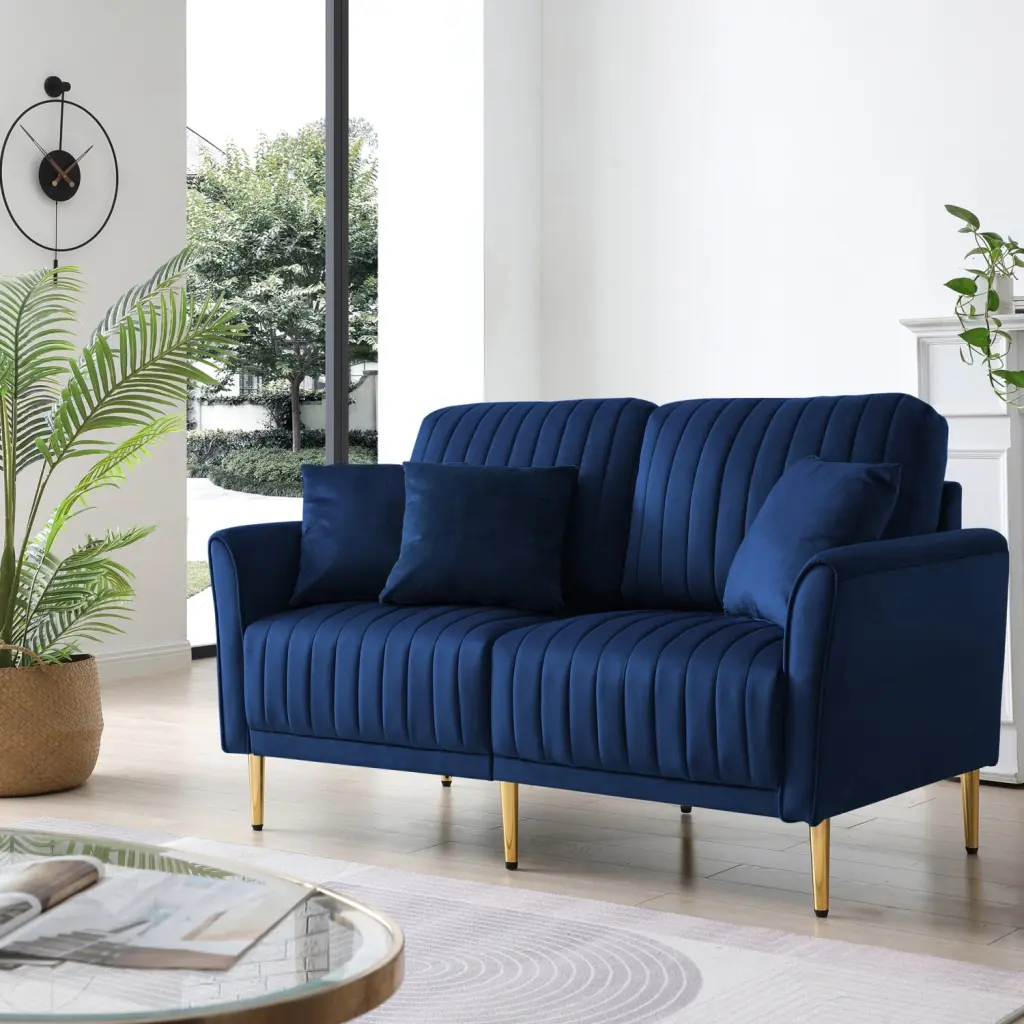 Navy Blue Velvet 2-Seat Sofa Round Arms Reversible Cushions Art Deco-Inspired Design Tufted Details Ponnky