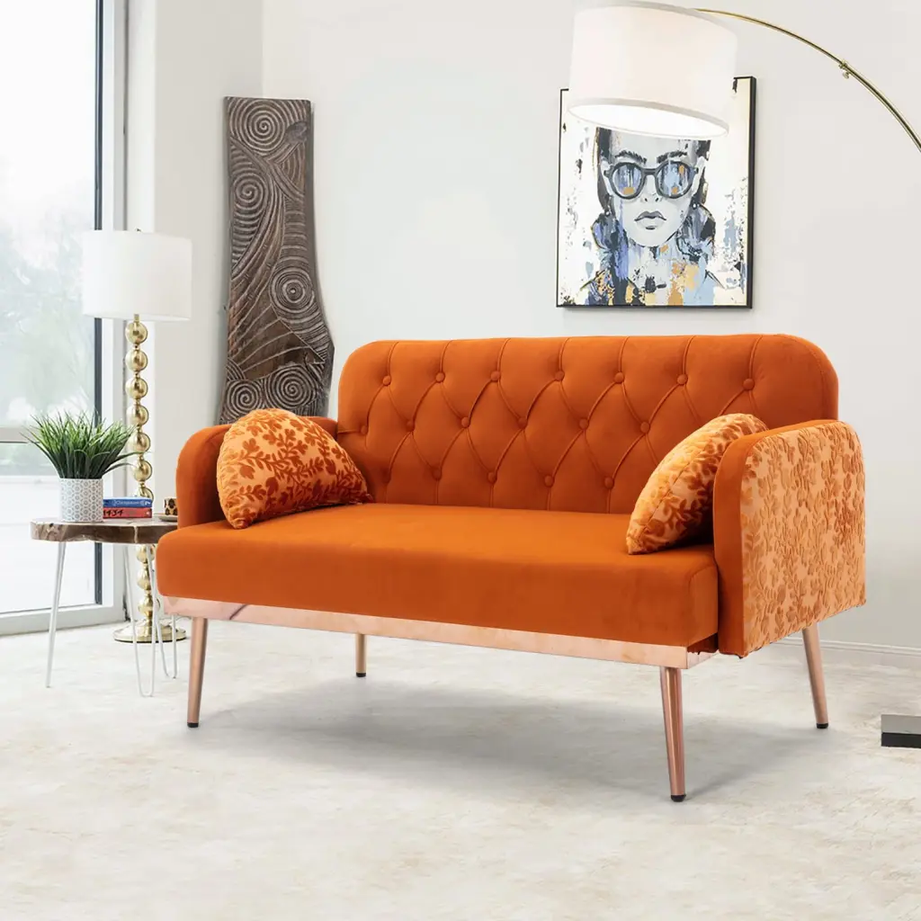 Stylish Orange Velvet Sofa Contemporary Accent Loveseat Rose Golden Metal Feet Premium Upholstery Sturdy Plywood Frame Mod...