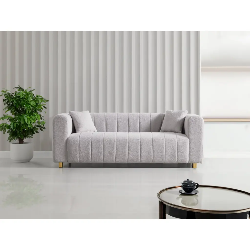 Teddy Large Modern Sofa Light Grey 3-Seater Upholstered Velvet Gold Metal Legs Ponnky