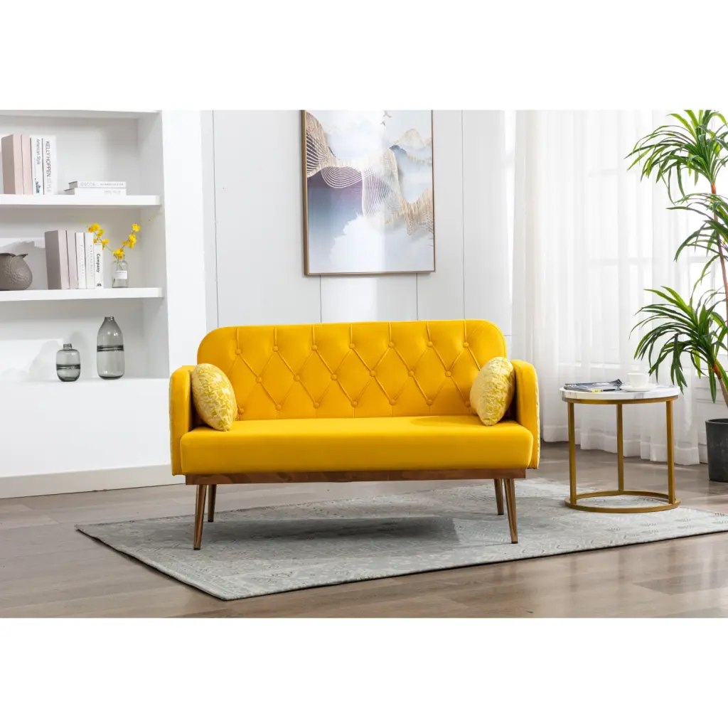 Vibrant Yellow Velvet Accent Sofa Stylish Loveseat Design Rose Golden Metal Feet Comfortable Polyester Upholstery Perfect ...