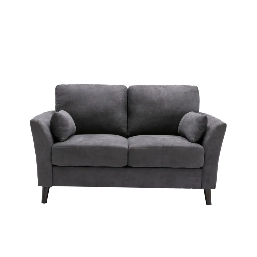 Otto 57 Inch Loveseat Dark Gray Velvet Throw Pillows Padded Cushions Saltoro Sherpi