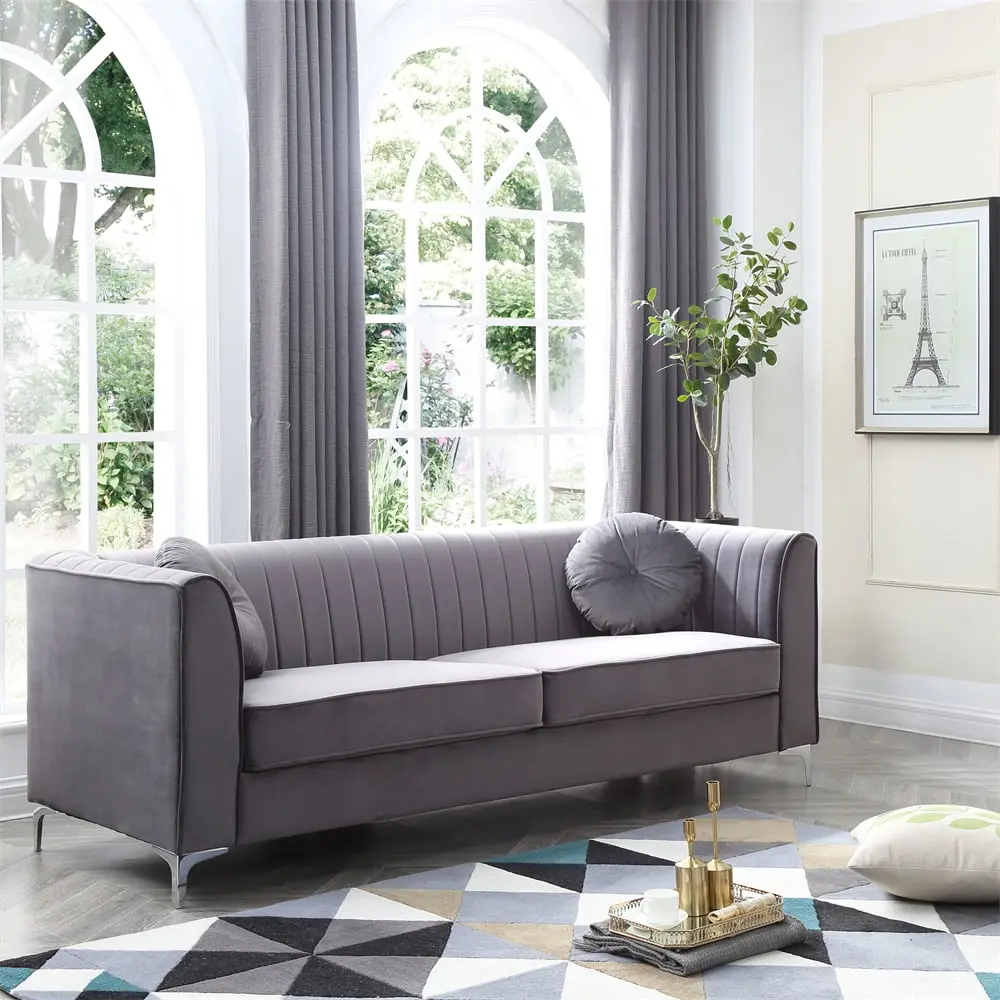 Soft Velvet Sofa Couch Pillows and Chrome Legs - Mid-Century Upholstered 87 Inch Sofa Triple Tree