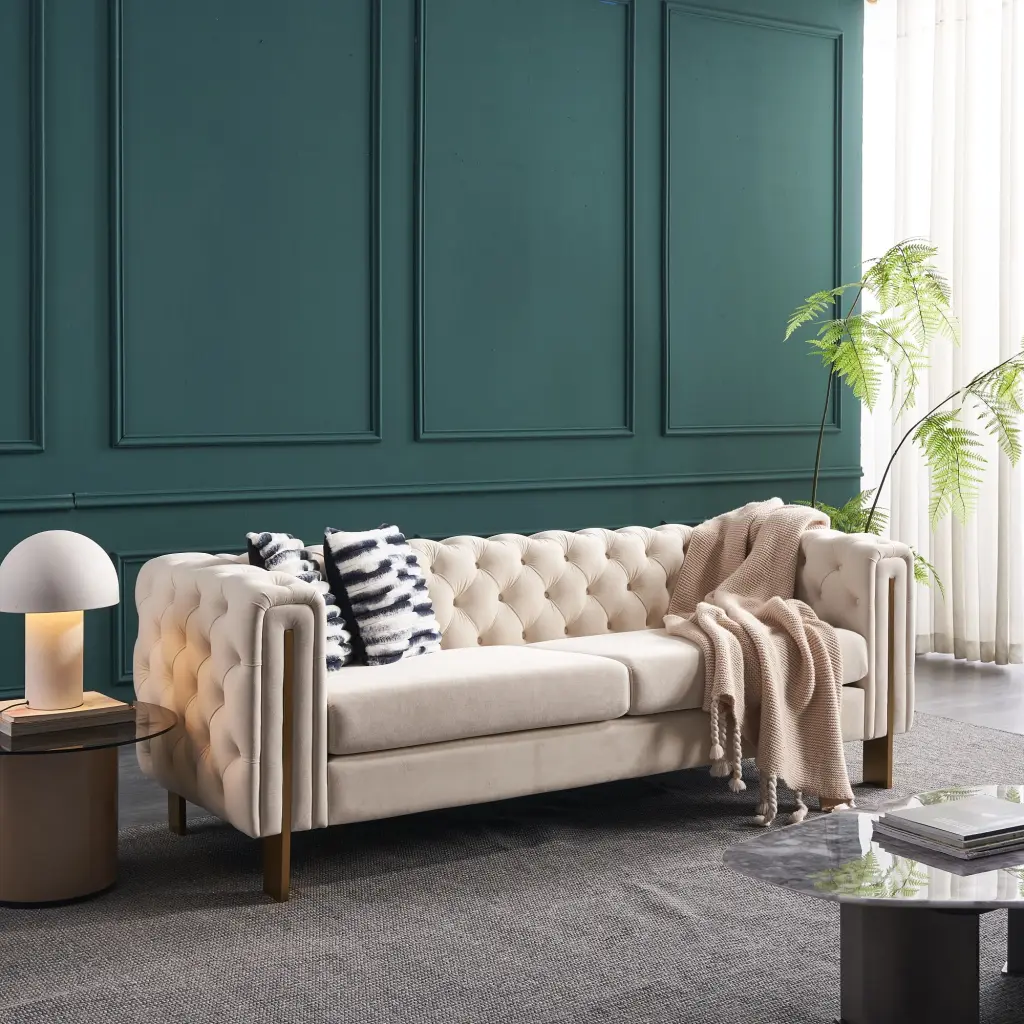 Tufted Velvet Sofa Couch Living Room 2 Pillows - 84 Inch Buttery White Waytrim
