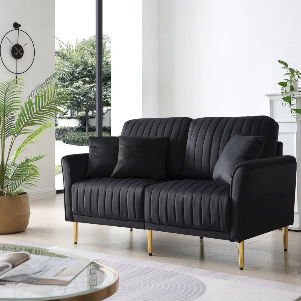 Compact Black Velvet 2-Seater Sofa Metallic Legs Small Spaces - Modern Living Room, Bedroom, Office Furniture Wodine