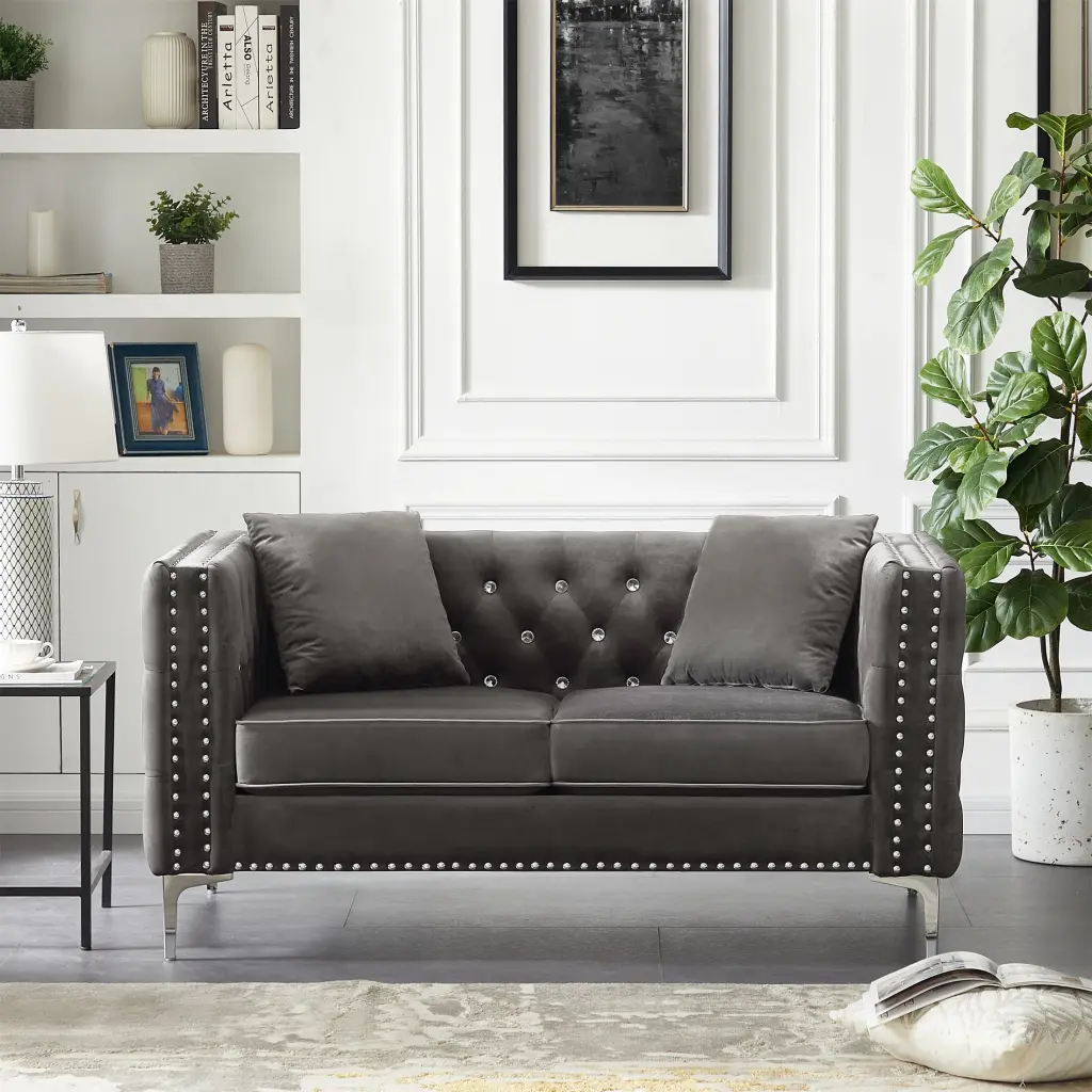 YJTONWIN Velvet Sofa 59.4 Inch Wide Grey Jeweled Buttons - Square Arm Living Room Couch