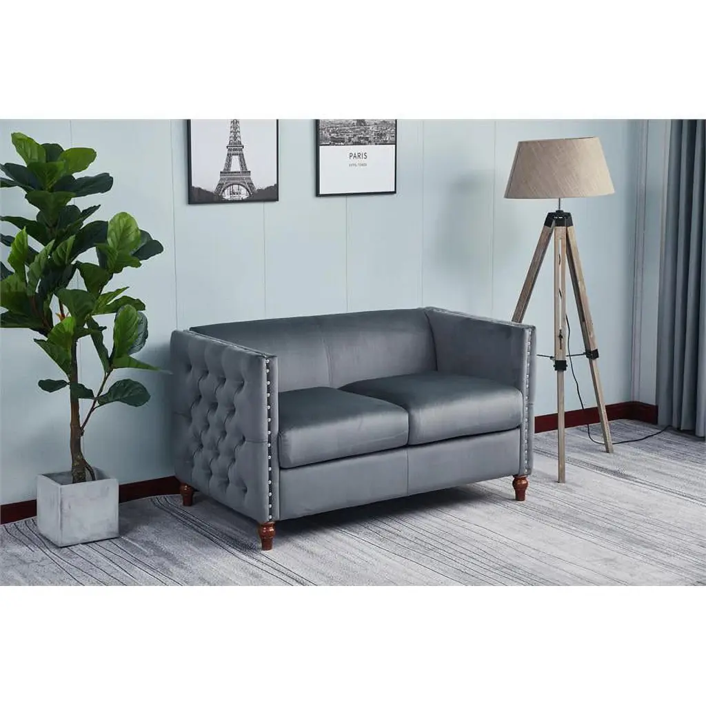 Pemberly Row Modern Velvet Nail Head Livingroom Loveseat Gray Elegant Sofa