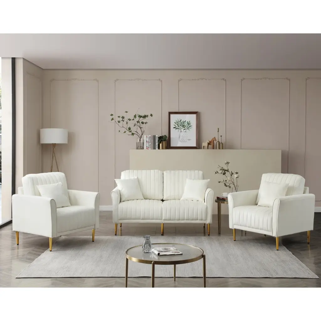 3-Piece Cream White Living Room Sofa Set Velvet Loveseat and Accent Chair Ponnky