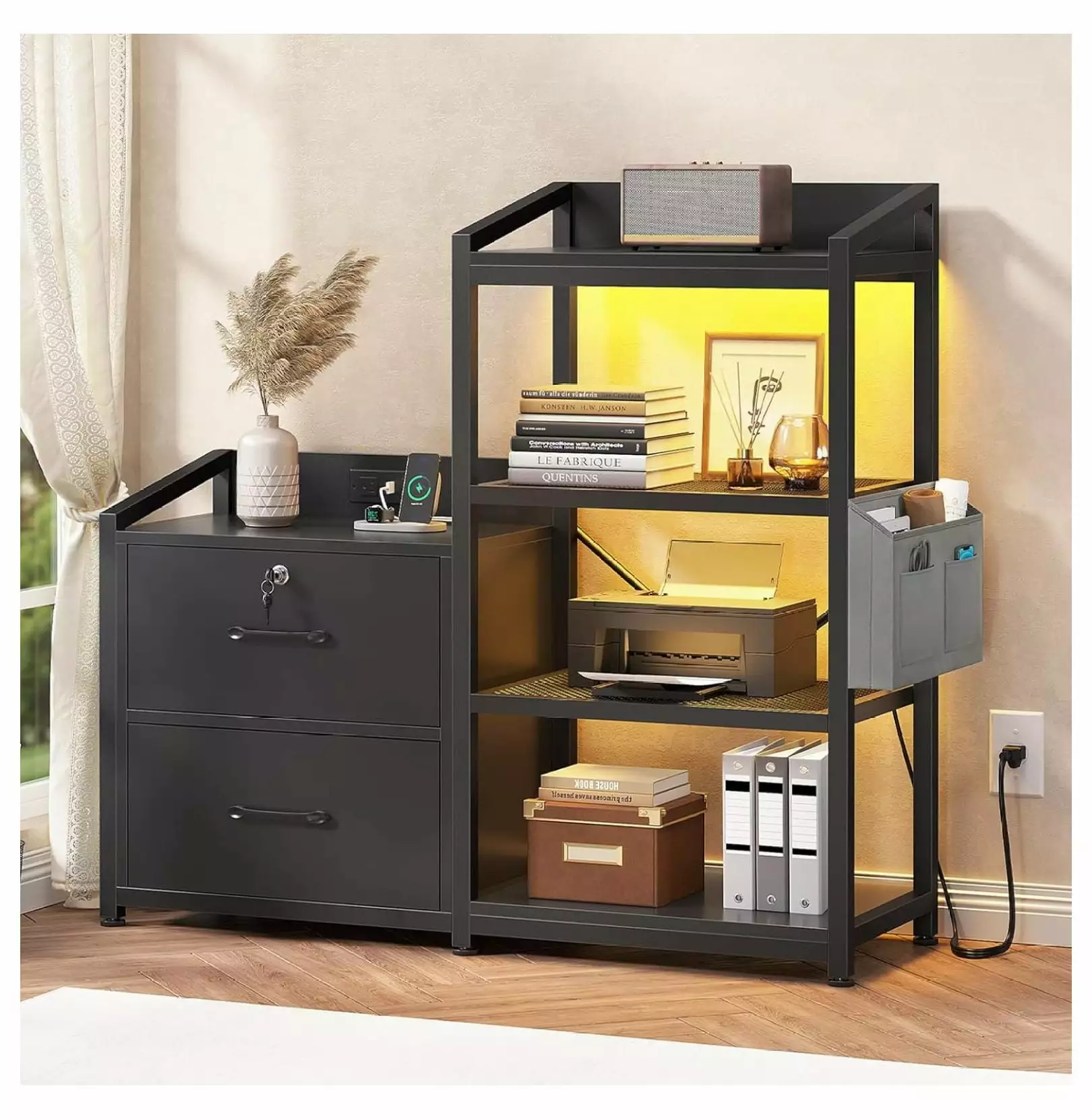 Jadona 35.4 File Cabinet Power Strip LED Lights Lock and Open Shelf Letter A4 Size Black