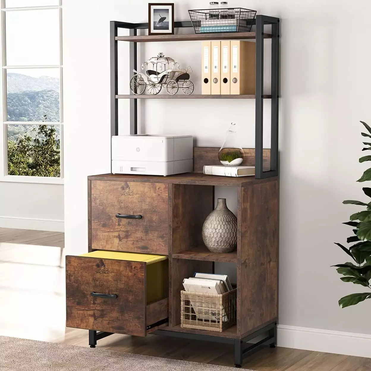 Tribesigns 2 Drawer File Cabinet Letter Size Vertical Filing Cabinet Bookshelf Industrial Printer Stand