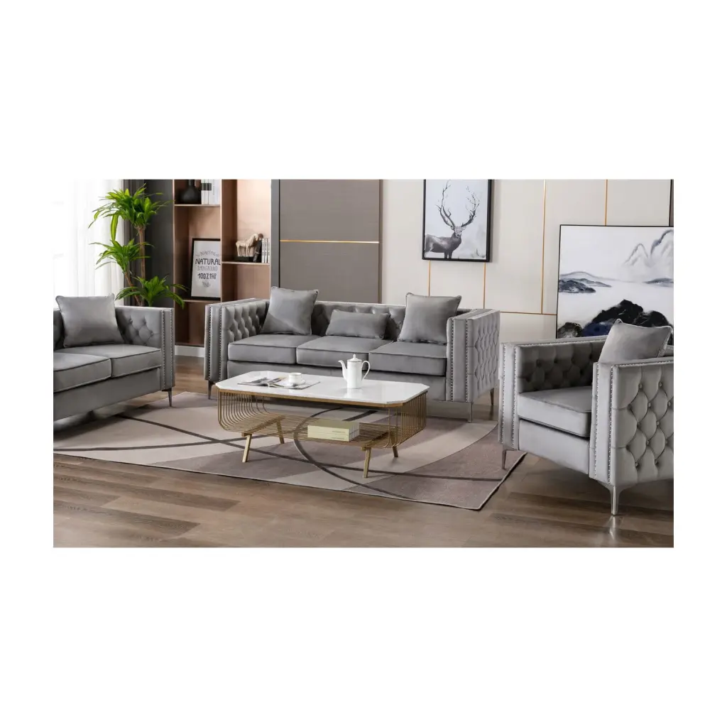 Maykoosh Victorian Elegance Gray Velvet Sofa Classic Living Room