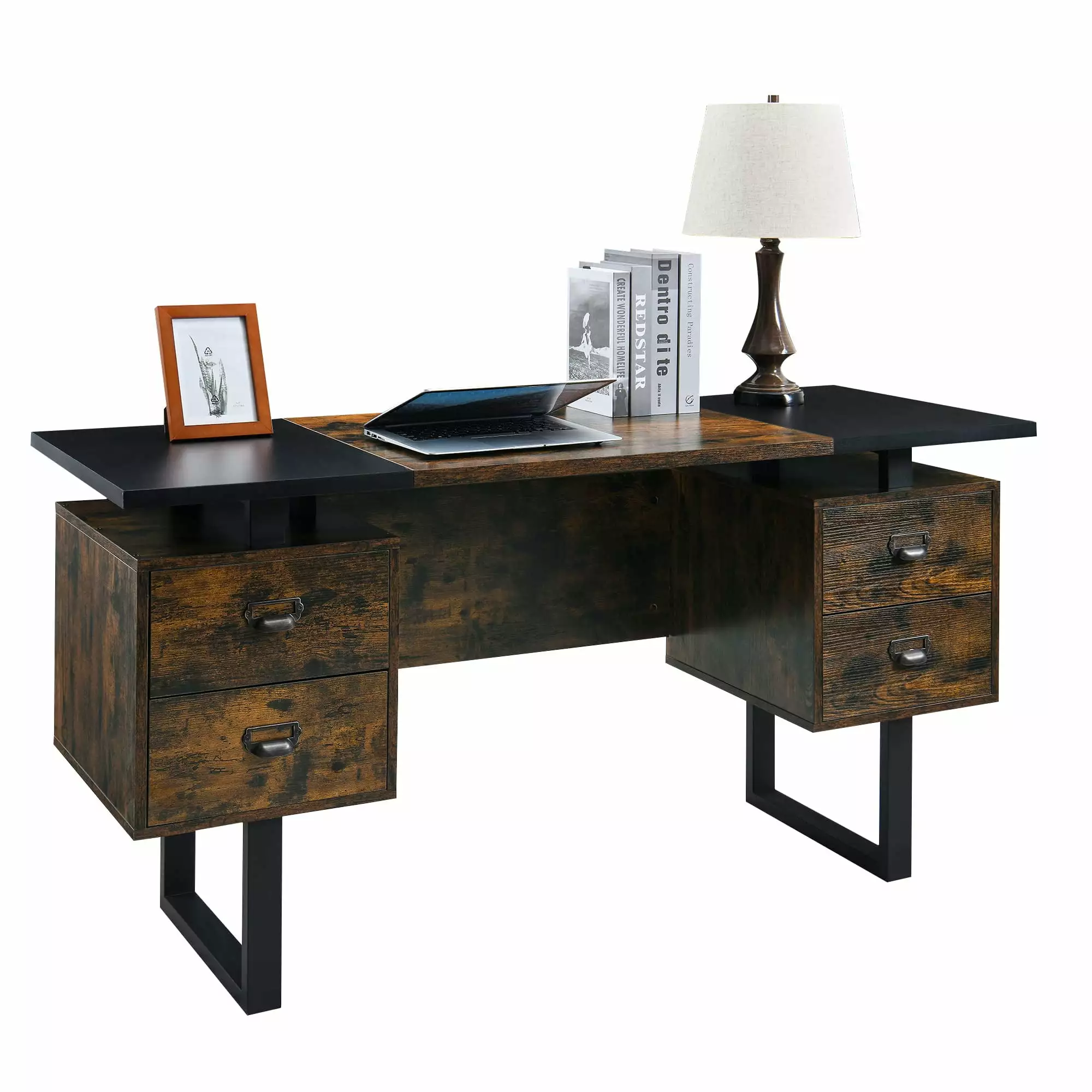 JESONVID Computer Desk Drawers 59L Contemporary Home Office Laptop Desk Floating Desktop 4 Storage Drawers Vintage Study G...
