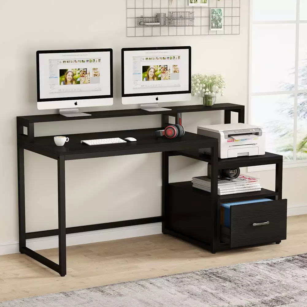 59 Inch Vintage Computer Desk File Drawer Storage Shelves Home Office Desk Black TribeSigns