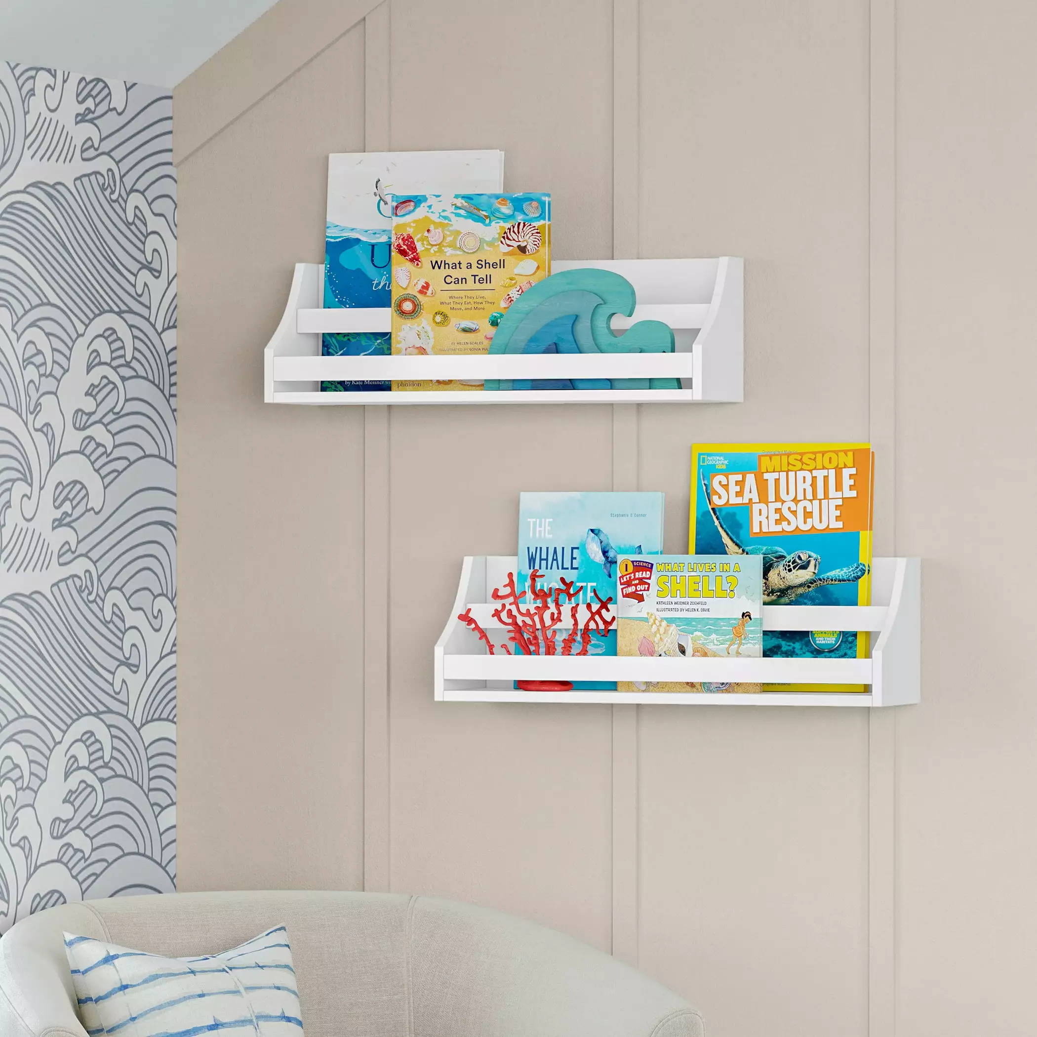 RiverRidge Kids Book Nook Wall Bookshelf White 2 Pack Nursery or Playroom