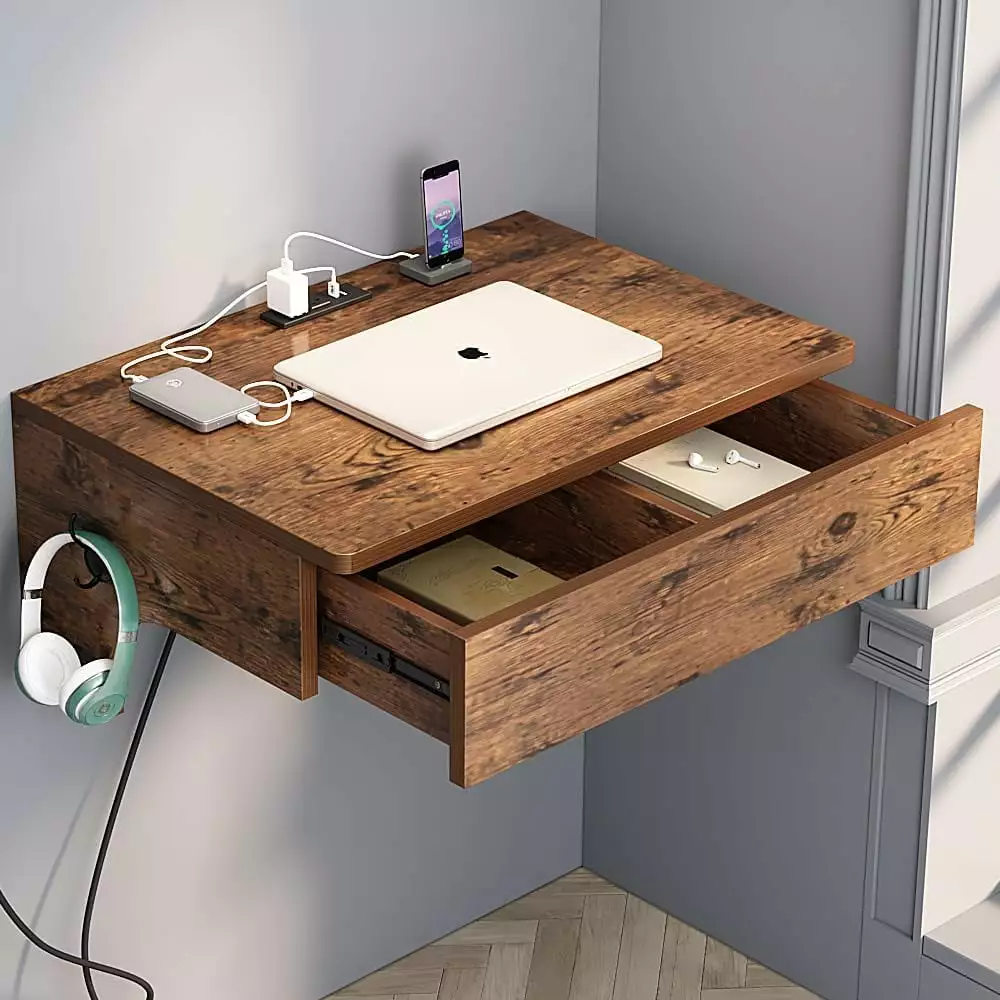 Wall Mounted Desk Floating Computer Desk Power Outlets and USB Ports Brown MM